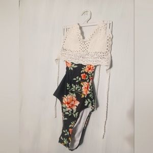 Brand less, Large, Floral Black One Peice with Crochet Top